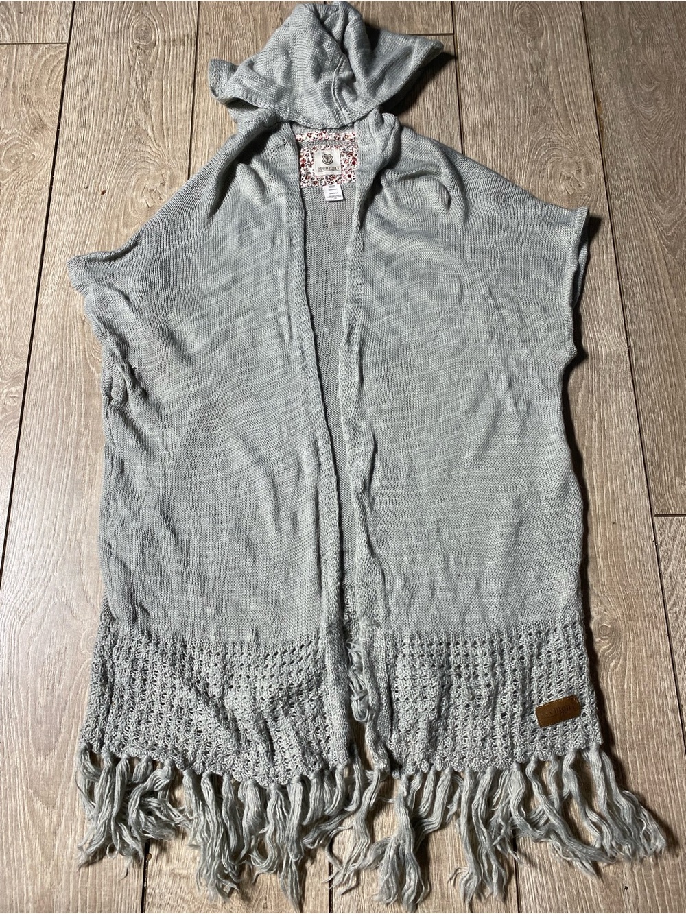 Element Boho Knit Hooded Cardigan Vest Gray Fringe Hem Size S skateboarding Surf